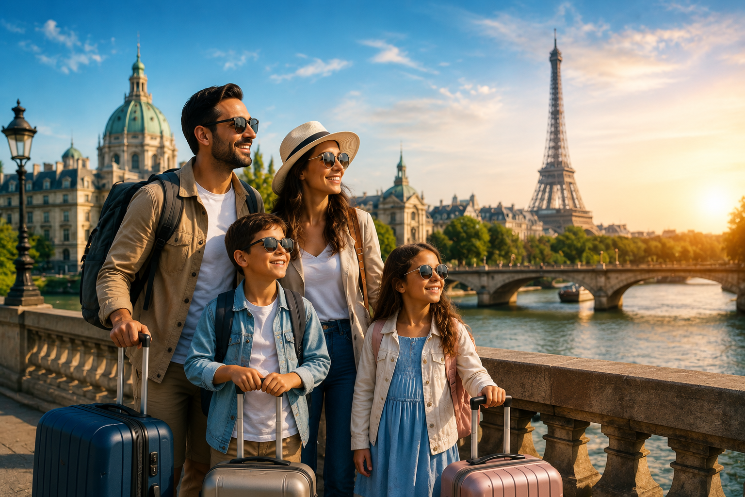 Familia viajando por Europa con monumentos icónicos